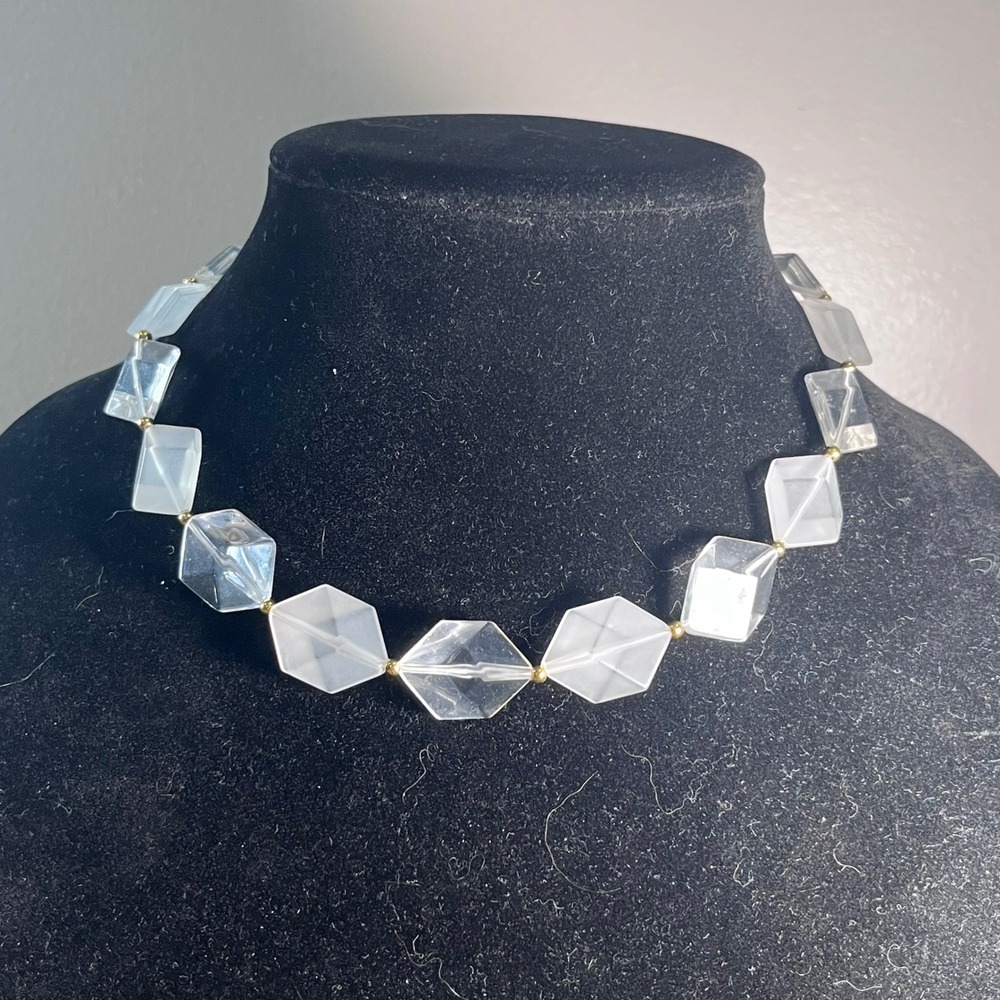 Vtg Frosted Clear Glass Hexagon Bead Necklace Screw Barrel Clasp 16‎ Inch